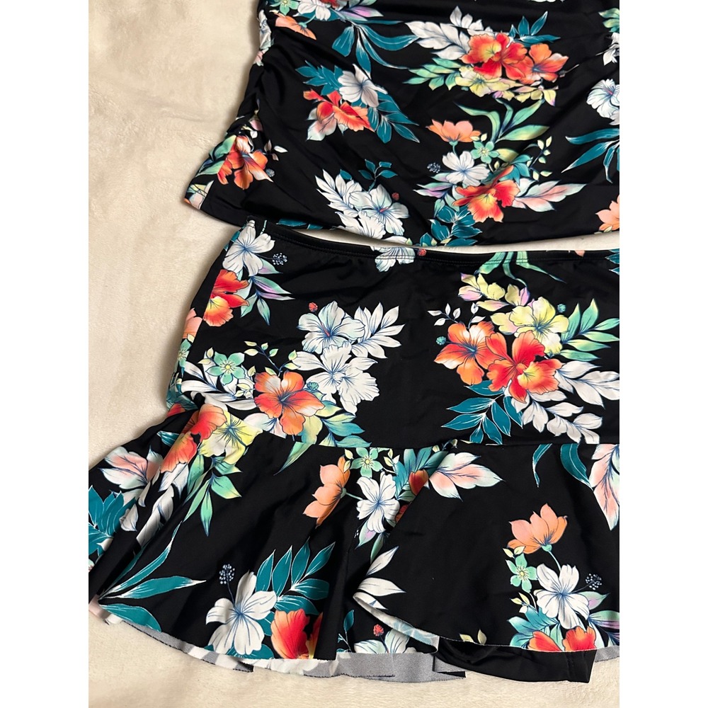 Tommy Bahama Womens XS Black Floral Tankini Set Ruffle Top Skirt Rouched Sides - Picture 4 of 15
